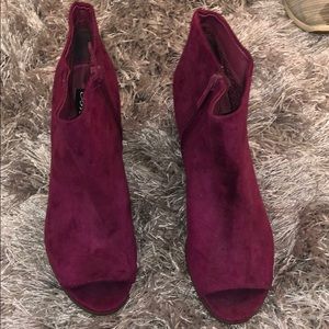 Maroon open toed heeled booties